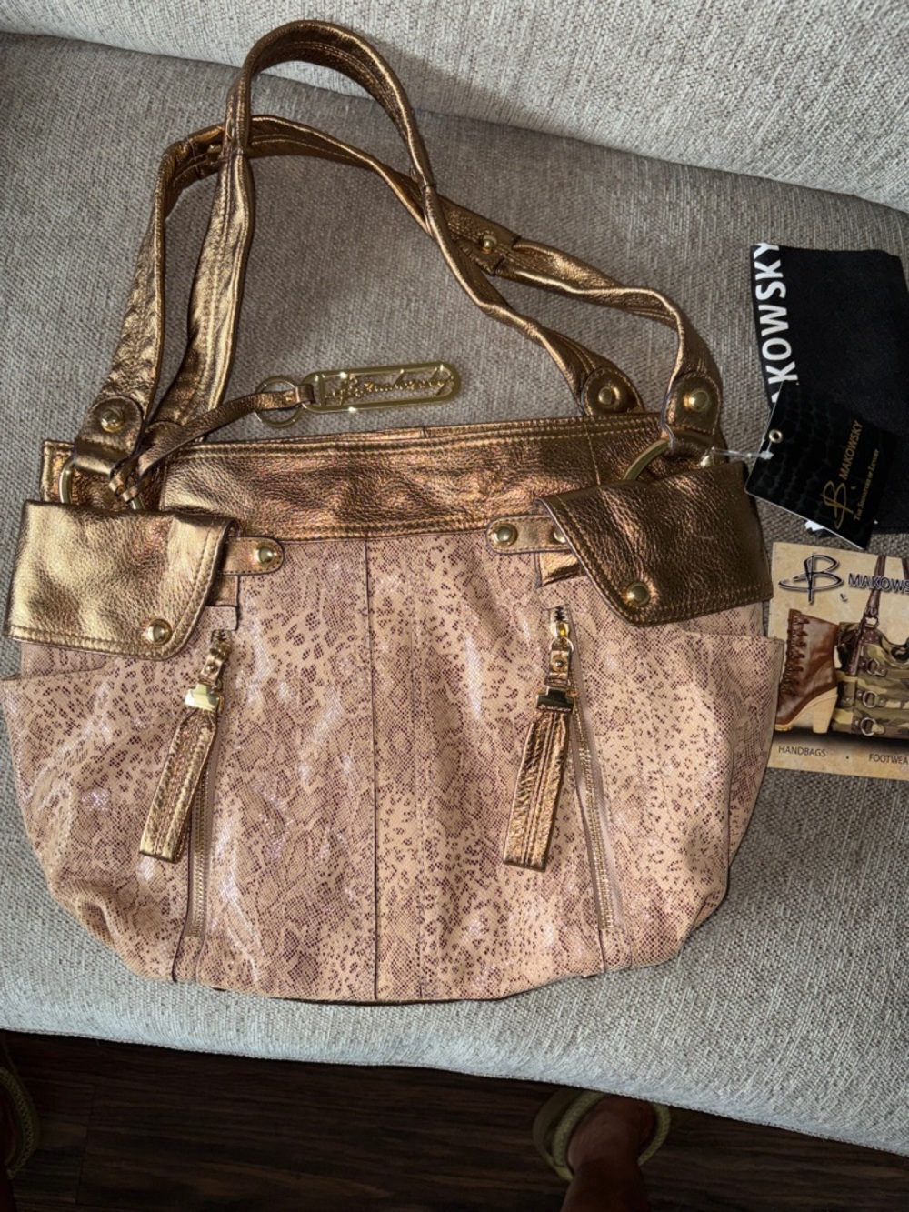 B. Makowsky Metallic Gold Reptile-Embossed Shoulder Bag